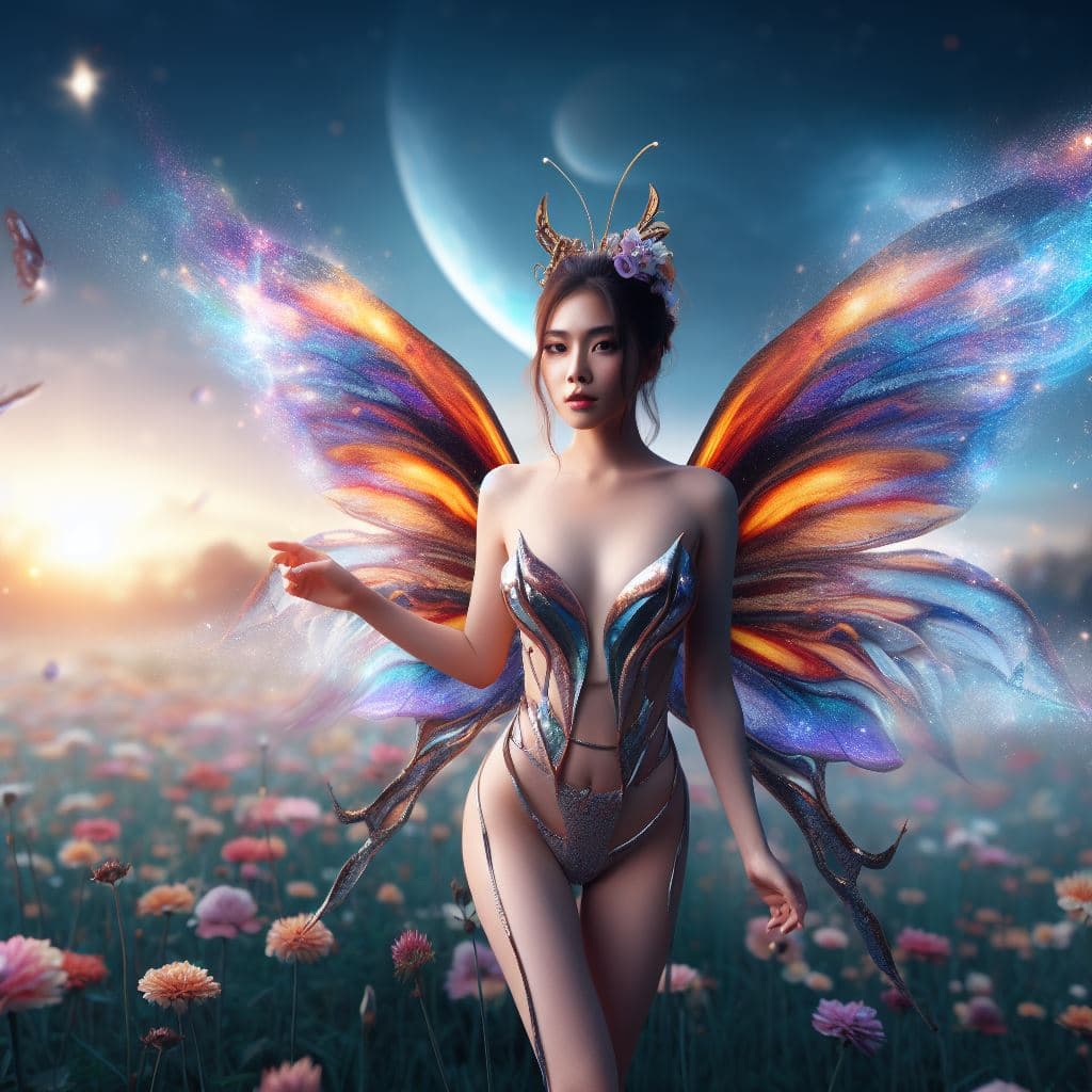 AI generated: full body picture of a beautiful woman as a butterfly in a fantasy world she has a mystical aura,she...