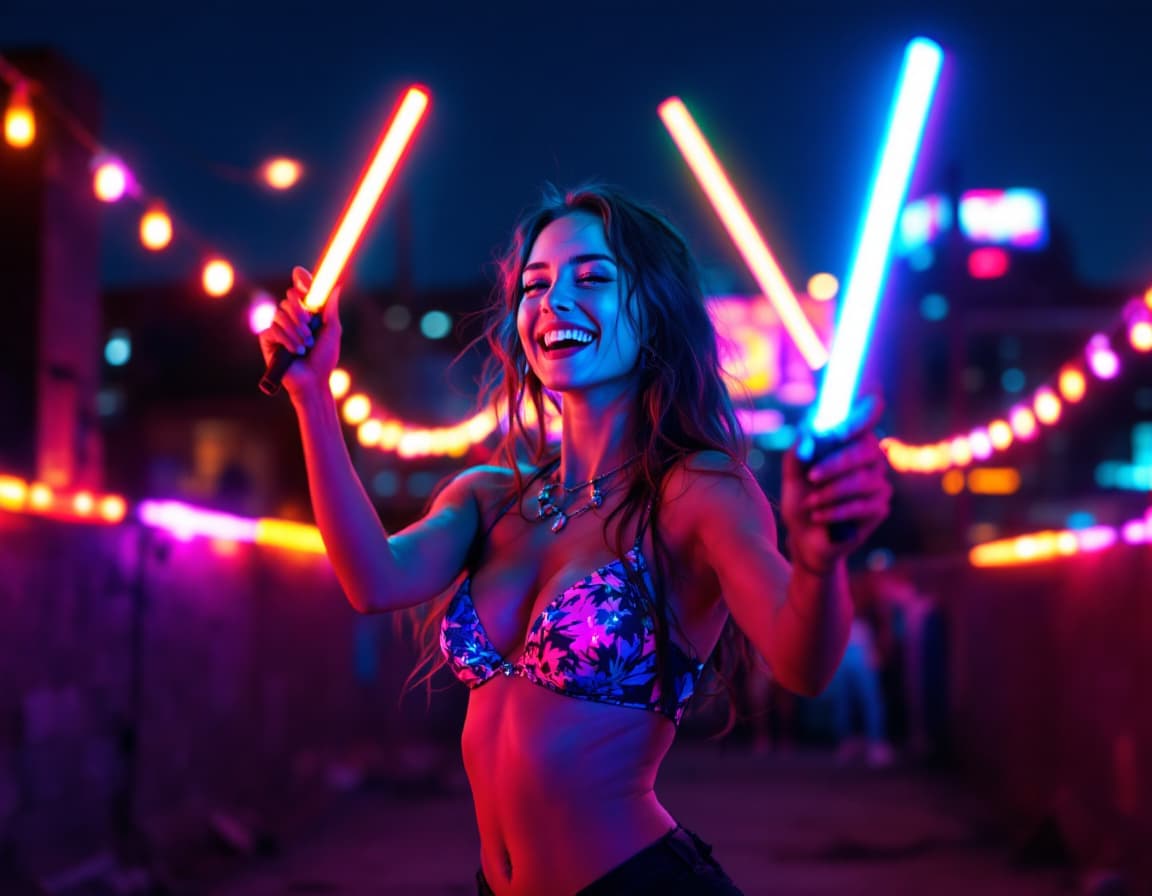 AI generated: 4:3 Create a photorealistic scene featuring a beautiful raver girl with glow sticks dancing joyfully...