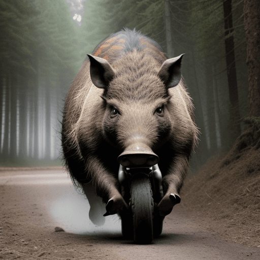 AI generated: big wild boar (animal) that runs though the forest, he should handle poland flag and BMW label shoul...