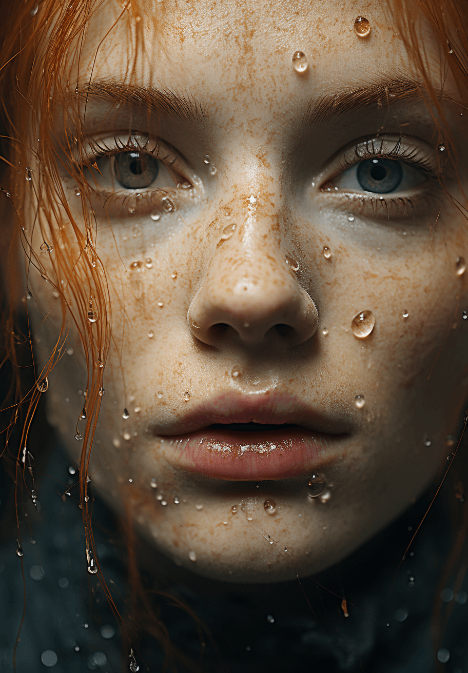 AI generated: a woman with freckled skin is photographing her face, in the style of dmitry kustanovich, delicate m...
