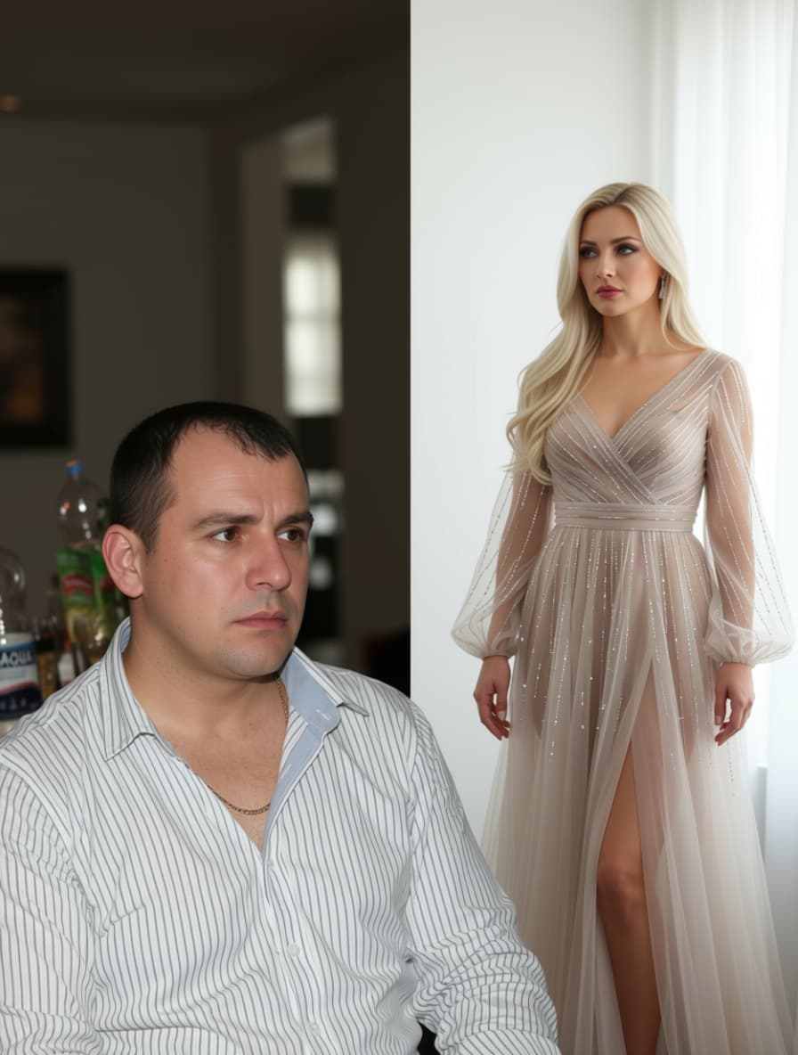 AI generated: a man in his 40s, disappointed in love, looks into the distance where a beautiful blonde woman dress...