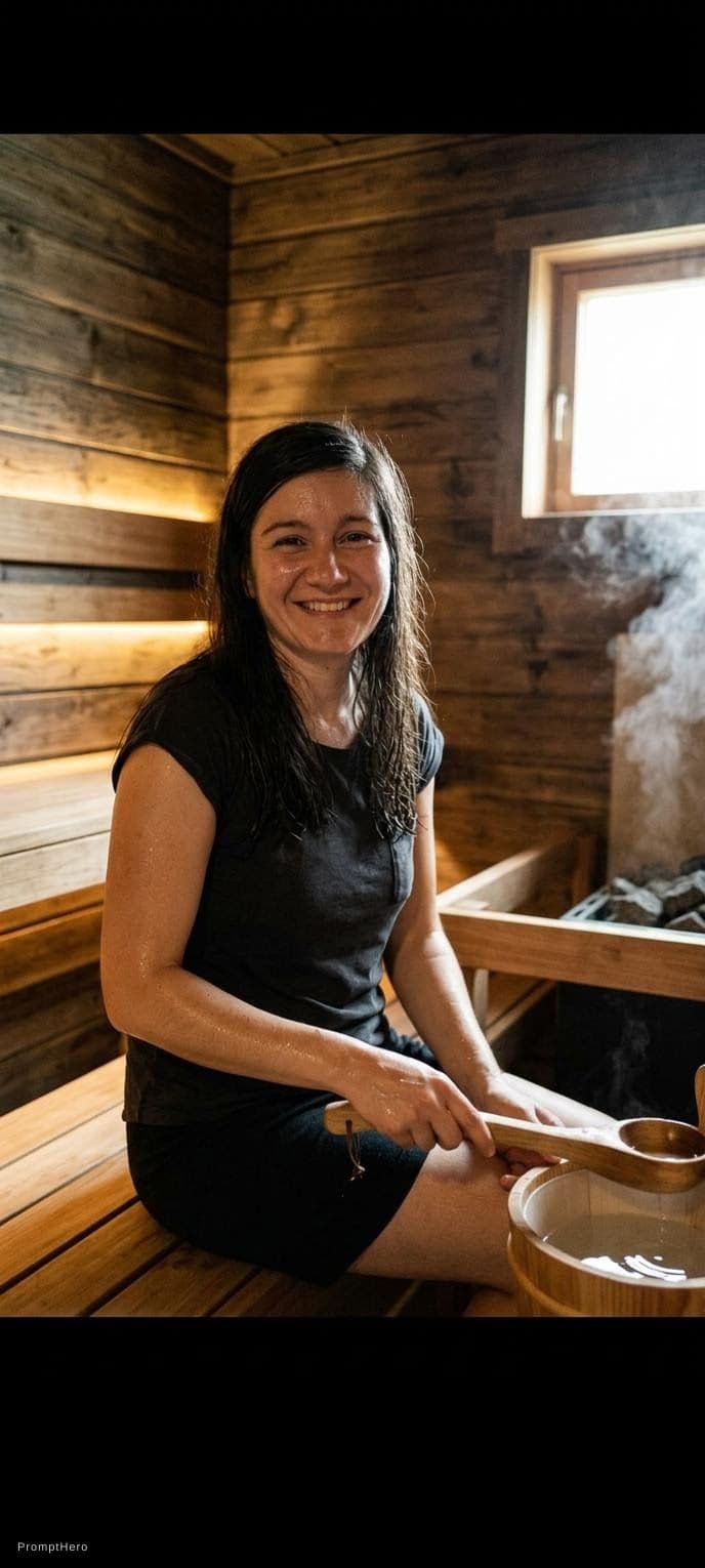 AI generated: Die Frau sitzt authentisch gekleidet in einer Sauna.