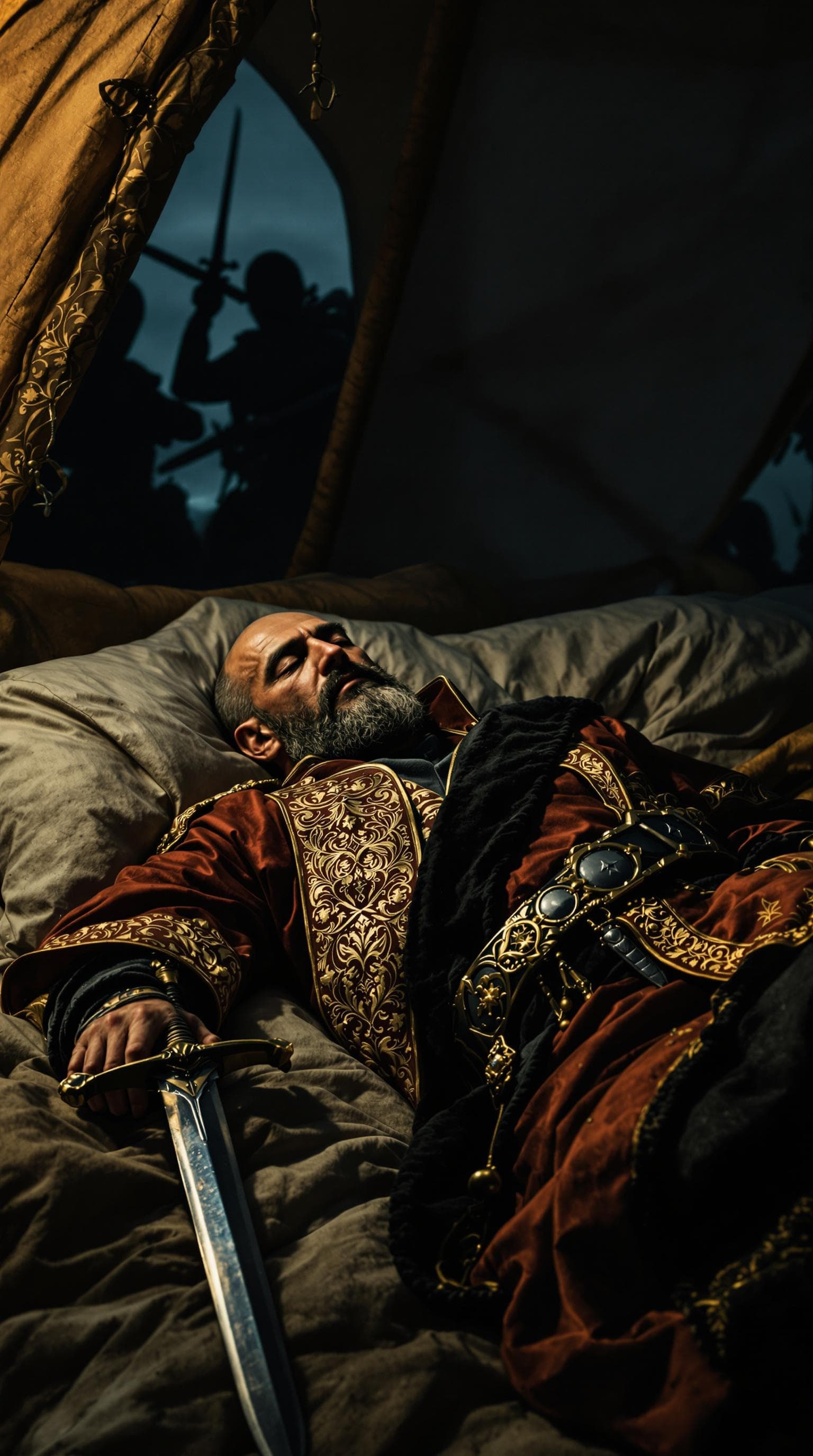 AI generated: Nader Shah Afshar, now 60 years old, lies within a canvas tent, his face marked with the deep lines ...