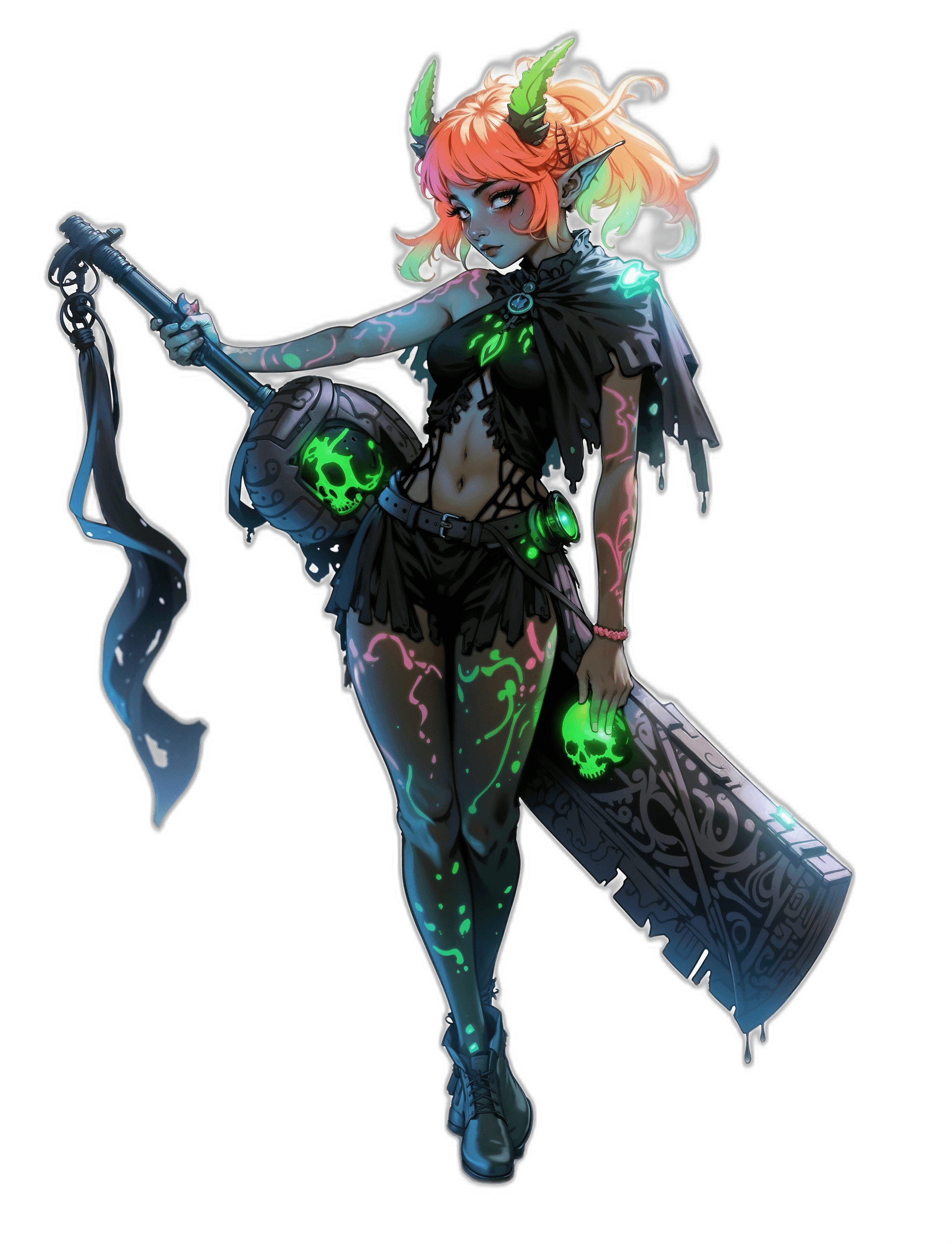 AI generated: hyper realistic fantasy tilted full body phot shot of an cute calavera elf girl with red hair, detai...