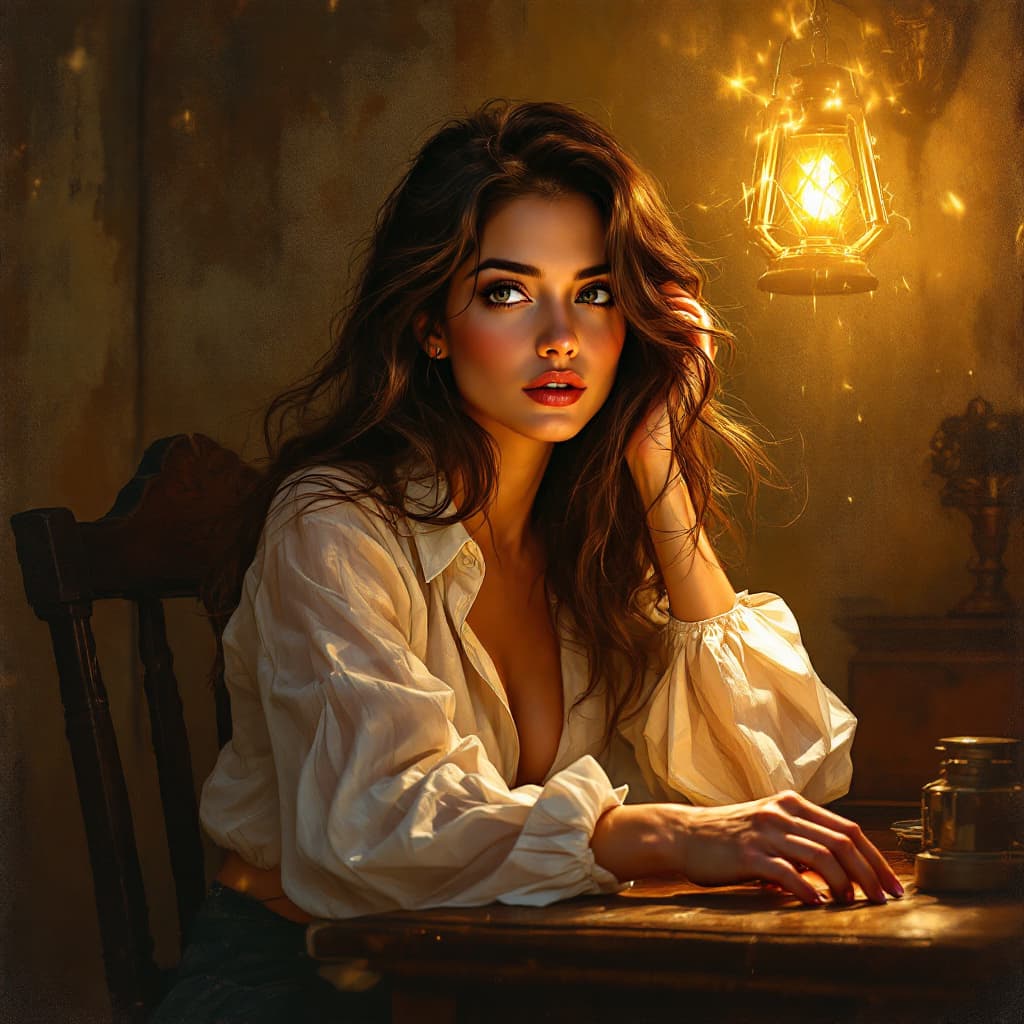 AI generated: "A cinematic, painterly scene of a stunning woman with expressive eyes, sitting at an old desk in wa...