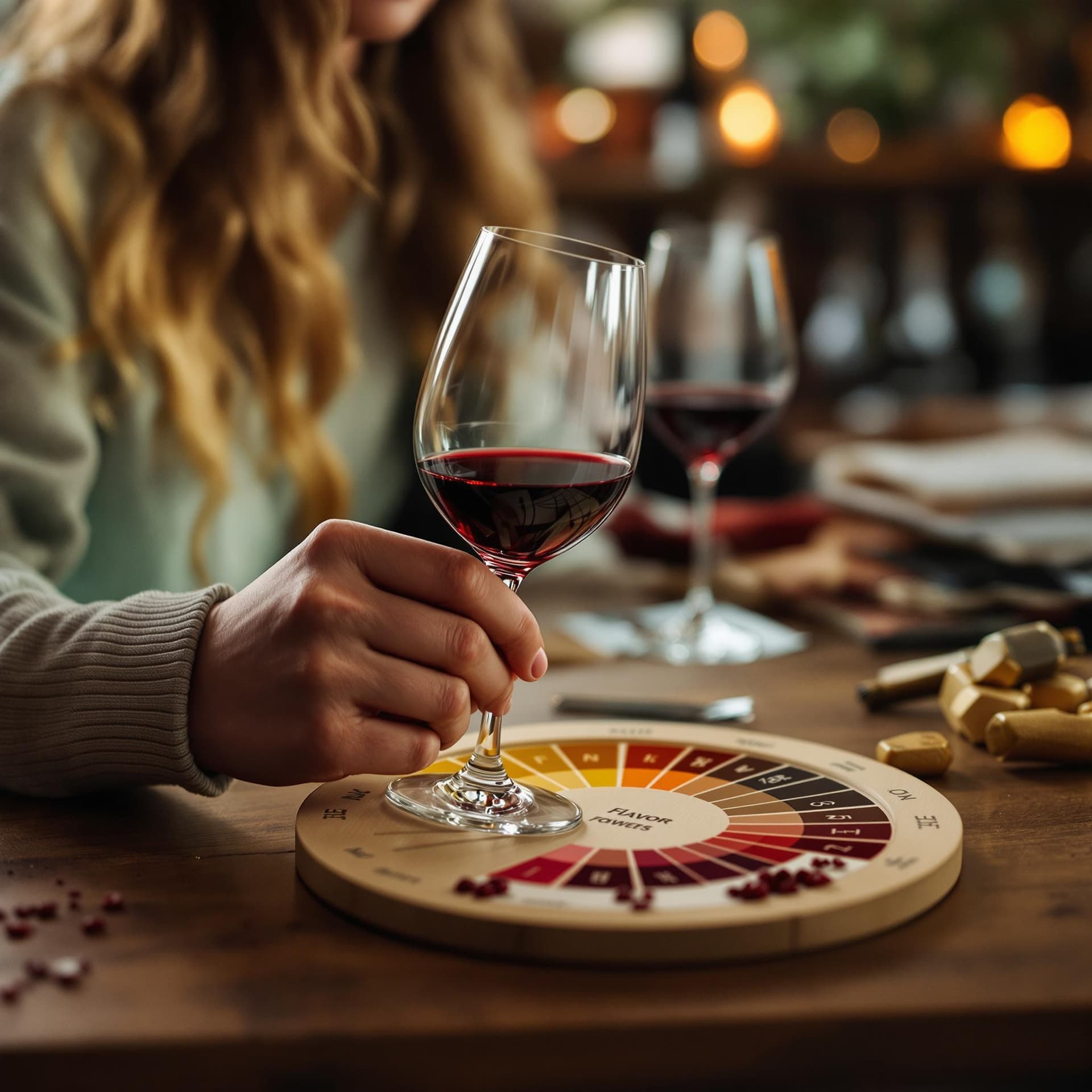AI generated: A person tasting wine with a flavor wheel nearby. dslr, ultra quality, sharp focus, tack sharp, dof,...