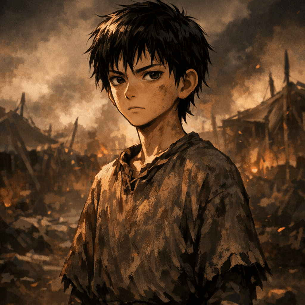 AI generated: Cinematic stylized anime realism, inspired by Kingdom anime and Vinland Saga.
Portrait of a 12-year-...