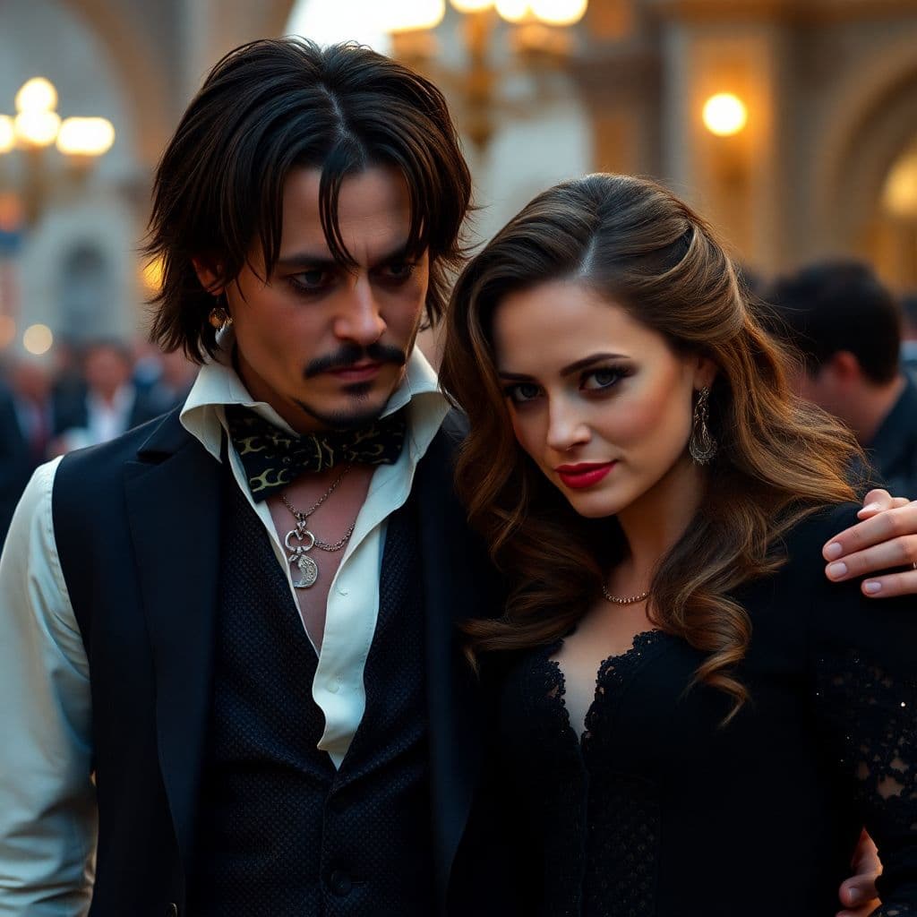 AI generated: scene from the movie Johnny Depp and Angelina Dzoli, full body cinematic