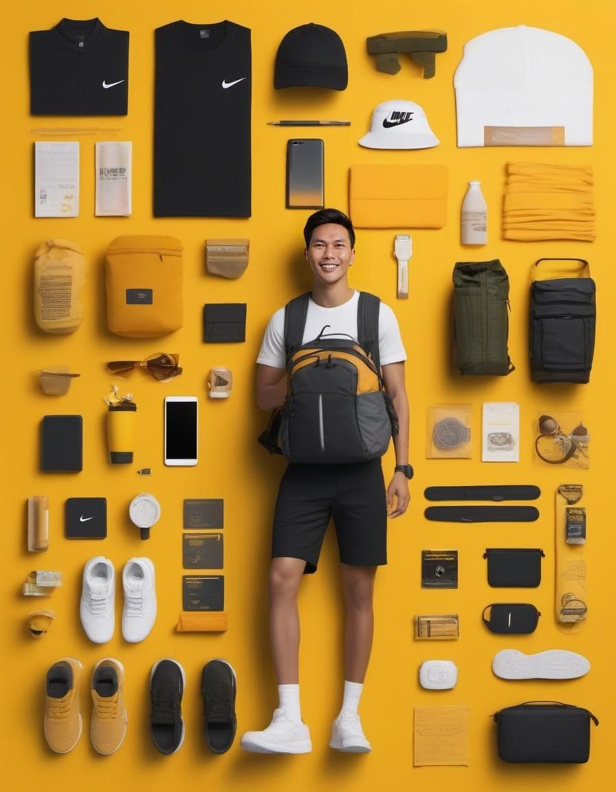 AI generated: Description with knolling parts, fashionable boy, full body, a European boy, tourist dress, sunglass...