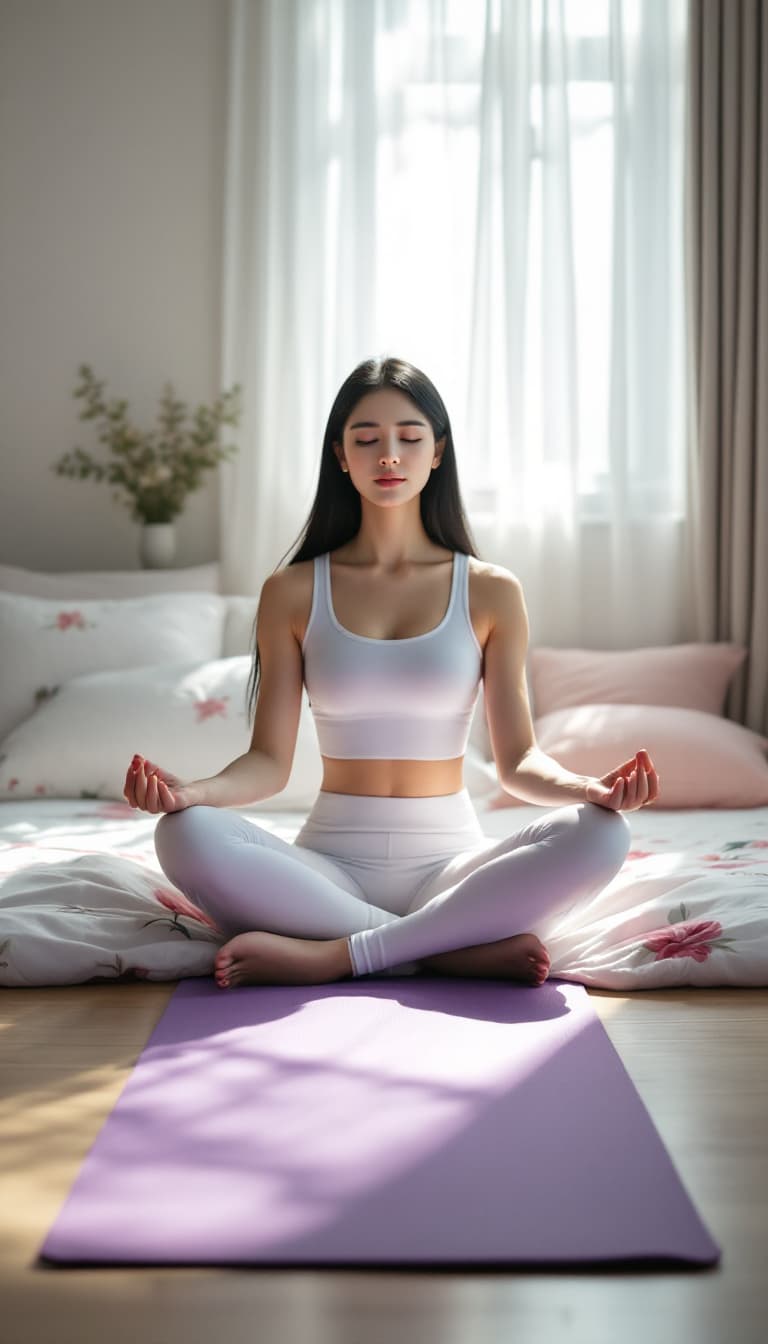 AI generated: A young Korean woman with long black hair, wearing a white yoga top and leggings, sitting cross-legg...