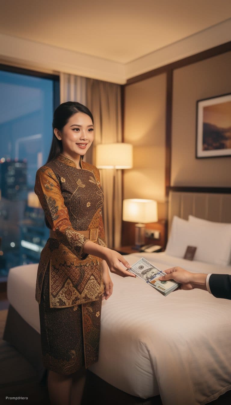 AI generated: make a picture of a beautiful naked Indonesian girl standing next to the bed in a luxury hotel room ...