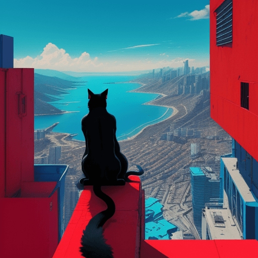 AI generated: Image of a cat looking at him and 'over the world' from the top of a mountain overlooking a blue bay...