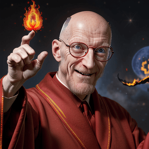 AI generated: professor  Farnsworth, realistic, dressed in red robes covered in mystic symbols stars and moons, ba...