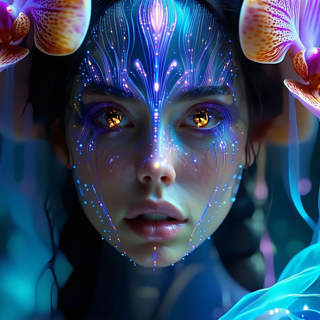 AI generated: Goddess close-up portrait ribcagel. jellyfish phoenix head, nautilus, orchid, skull, betta fish, bio...