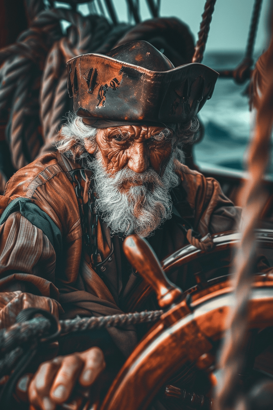 AI generated: high angle photo of an old pirate steering his ship, he is focused, concentrated and searching for n...