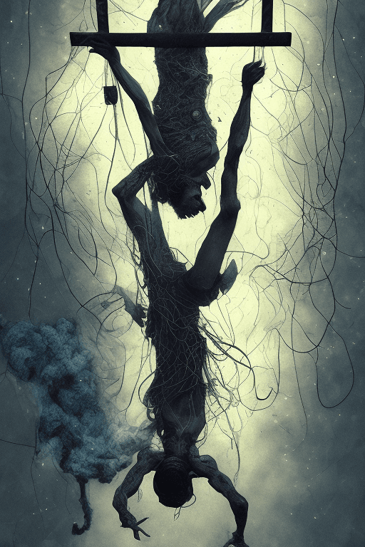 AI generated: olpntng style, a tarot card, Le Pendu, a man hanged up side down, intricated hair, intricated skin, ...