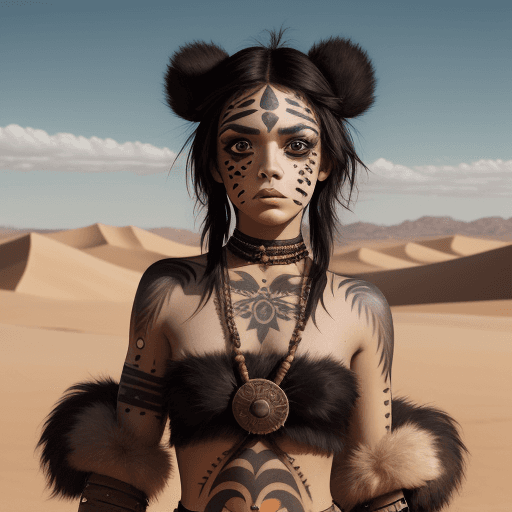 AI generated: a young warrior princess in a desert, with face paint, black hair, brown big eyes, short outfit made...