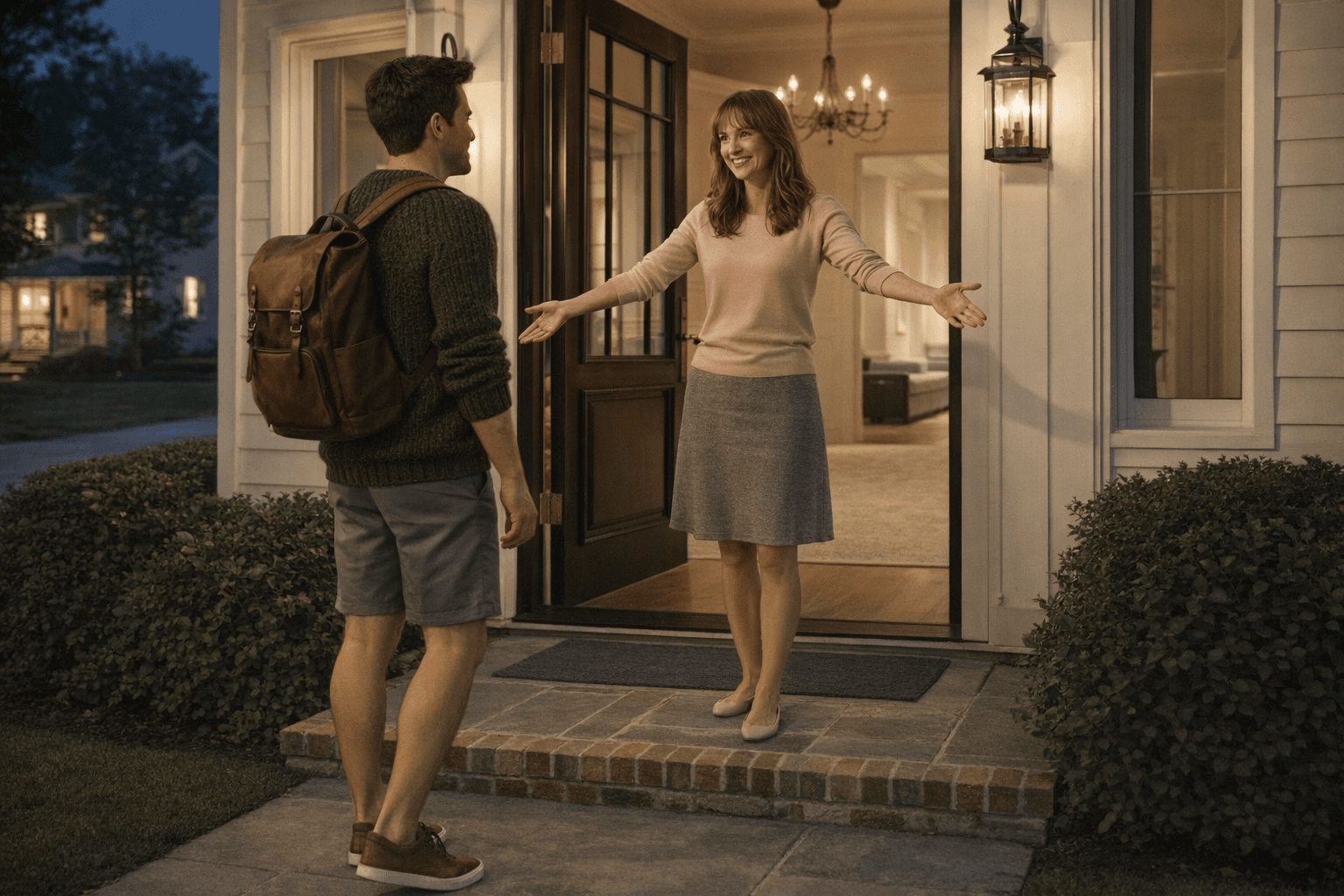 AI generated: At night, the model is at the main door of a beautiful residence at a nice neighborhood. The main do...