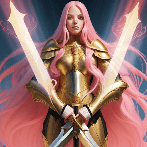 AI generated: Illustrative, bold character design, woman wearing fullbody gilded armor, long pink hair, holding sw...