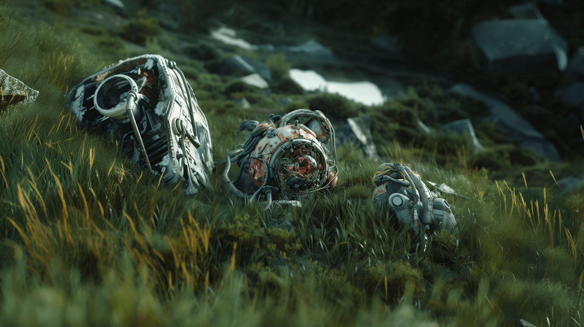 AI generated: A broken Machine lying on the grass. The internal structure of the machine can be seen, and there ar...
