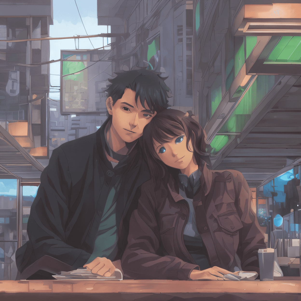 AI generated: anime couple sitting at a table in a city setting, sakimichan and makoto shinkai, ross tran and mako...