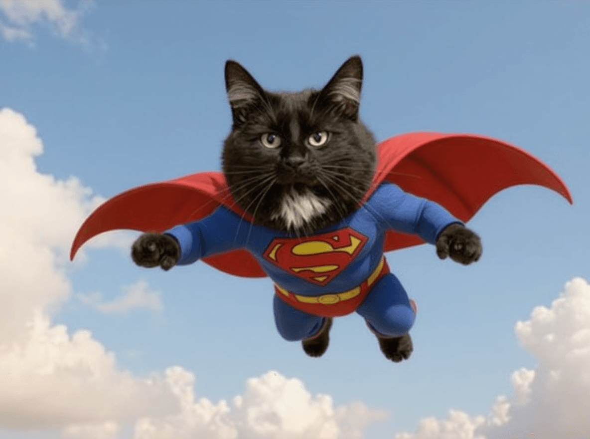 AI generated: Generate image of cat in a superman costume flying through the air.