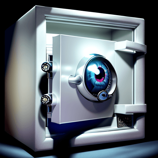 AI generated: Photo of a safe,  the safe has shelves of large beautiful ultra-realistic eyeballs,  the eyeballs ar...