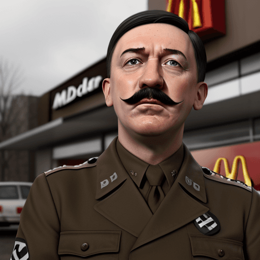 AI generated: Ultra realistic Adolf Hitler avid eat burger McDonalds