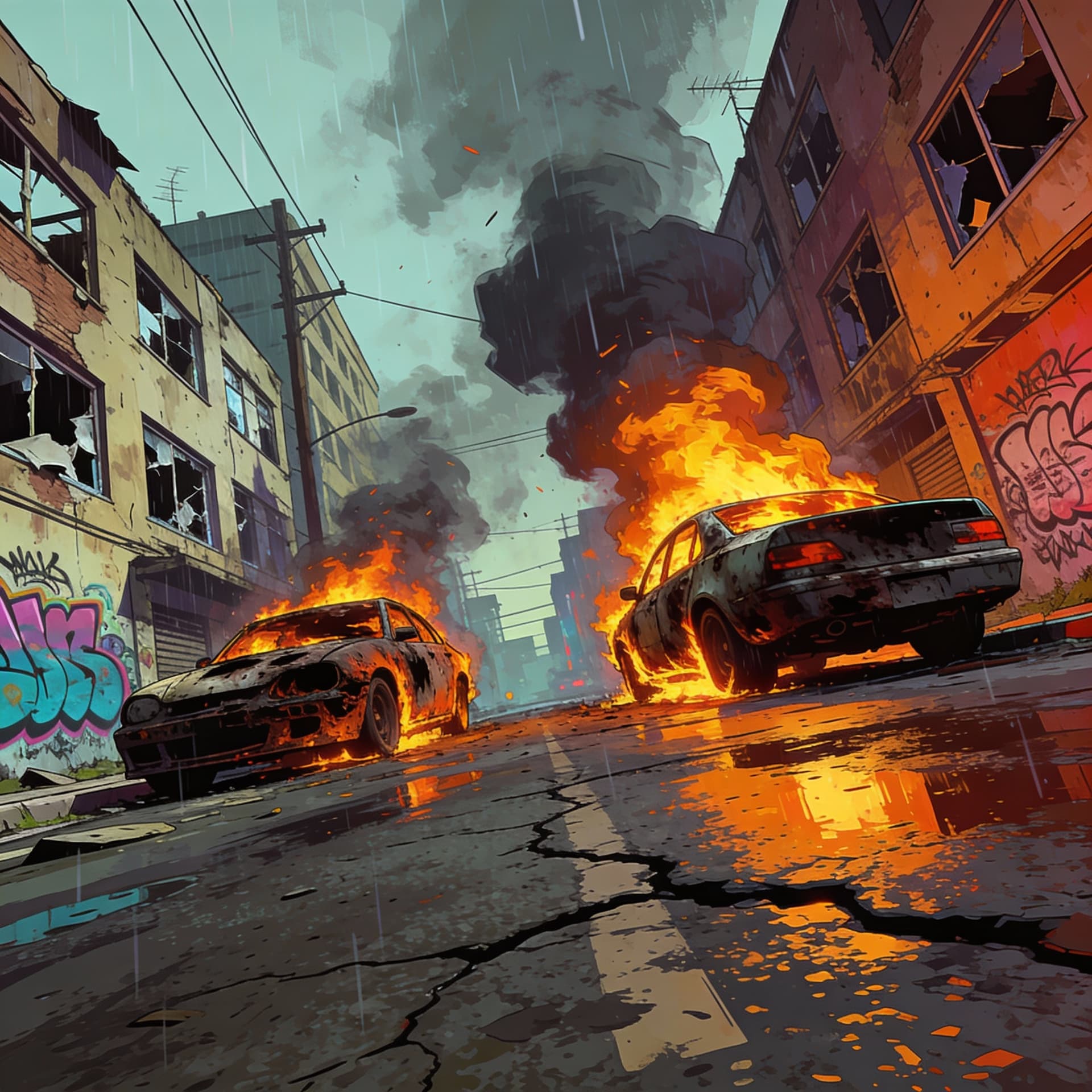 AI generated: gta video game illustrated styled art of abandoned street buildings and a car or 2 are on fire, the ...