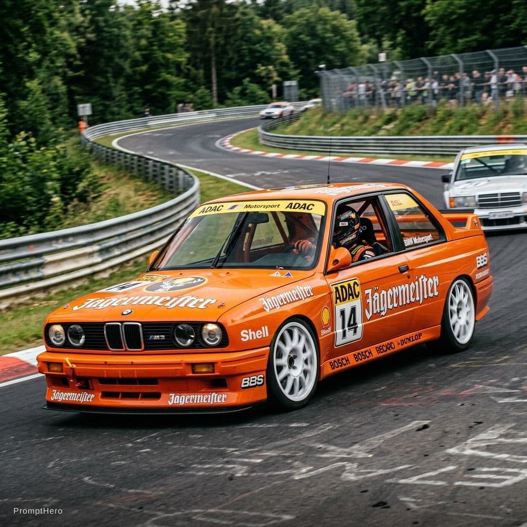 AI generated: E30 M3 DTM Racecar on Nürburgring racing, full Jagermeister livery wrapped on 18 inch white Compomot...
