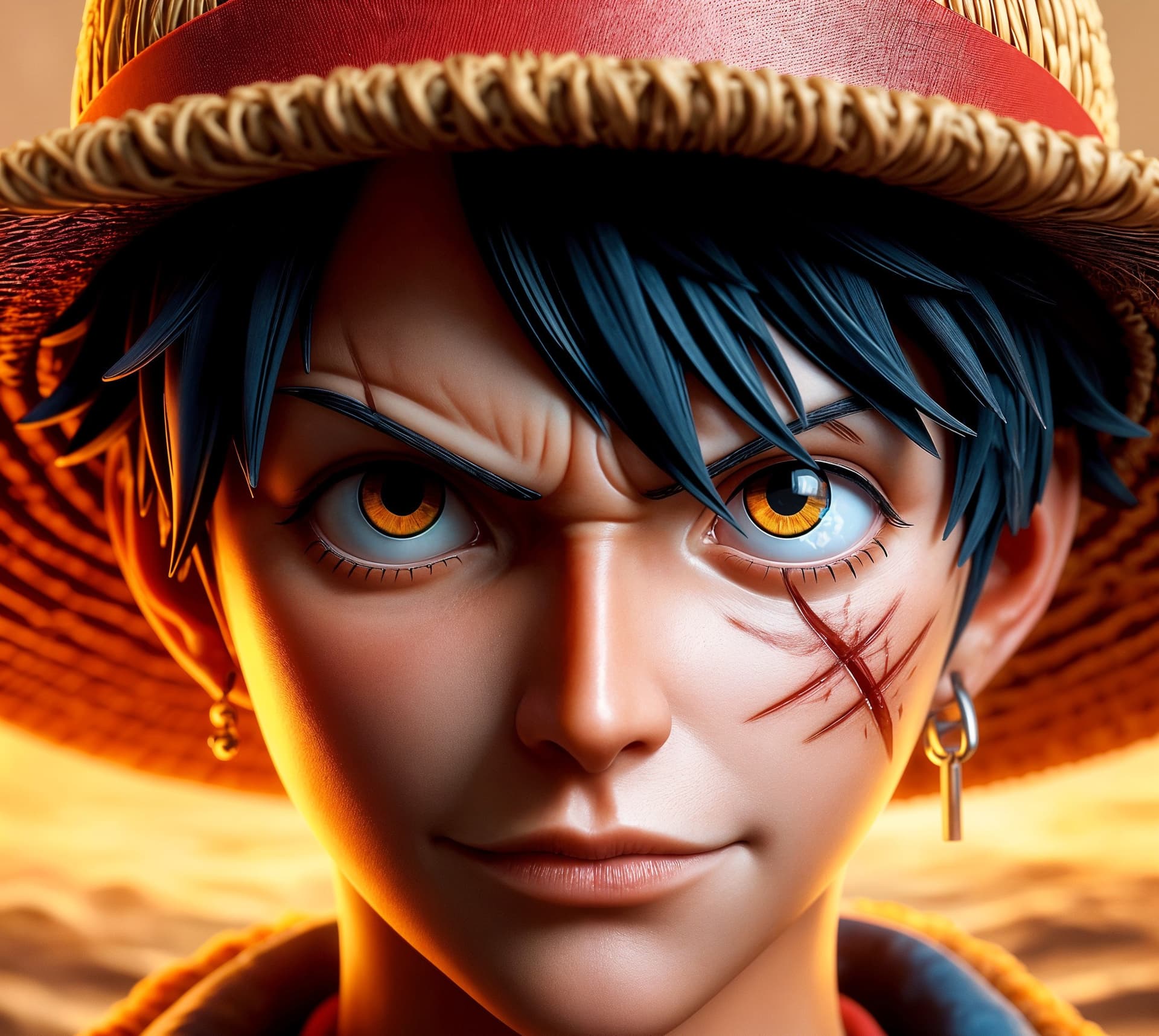 AI generated: an ultra-high DPI (300+), hyper-realistic 3D portrait of Luffy from One Piece, showcasing his iconic...