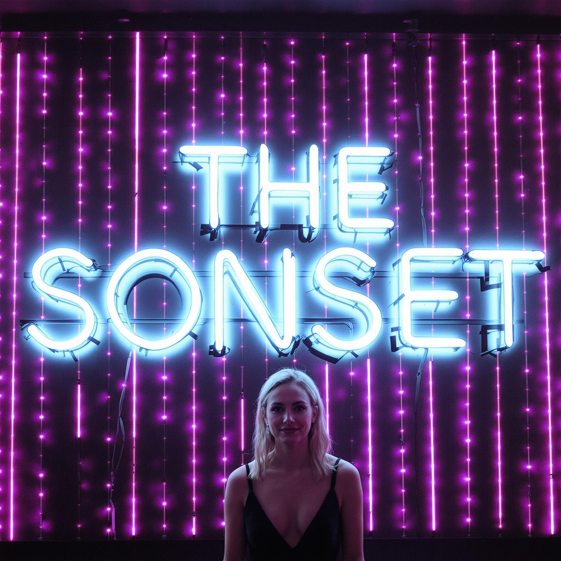 AI generated: a woman stands in front of a neon sign that reads "THE SONSET" in bold white letters. She is dressed...