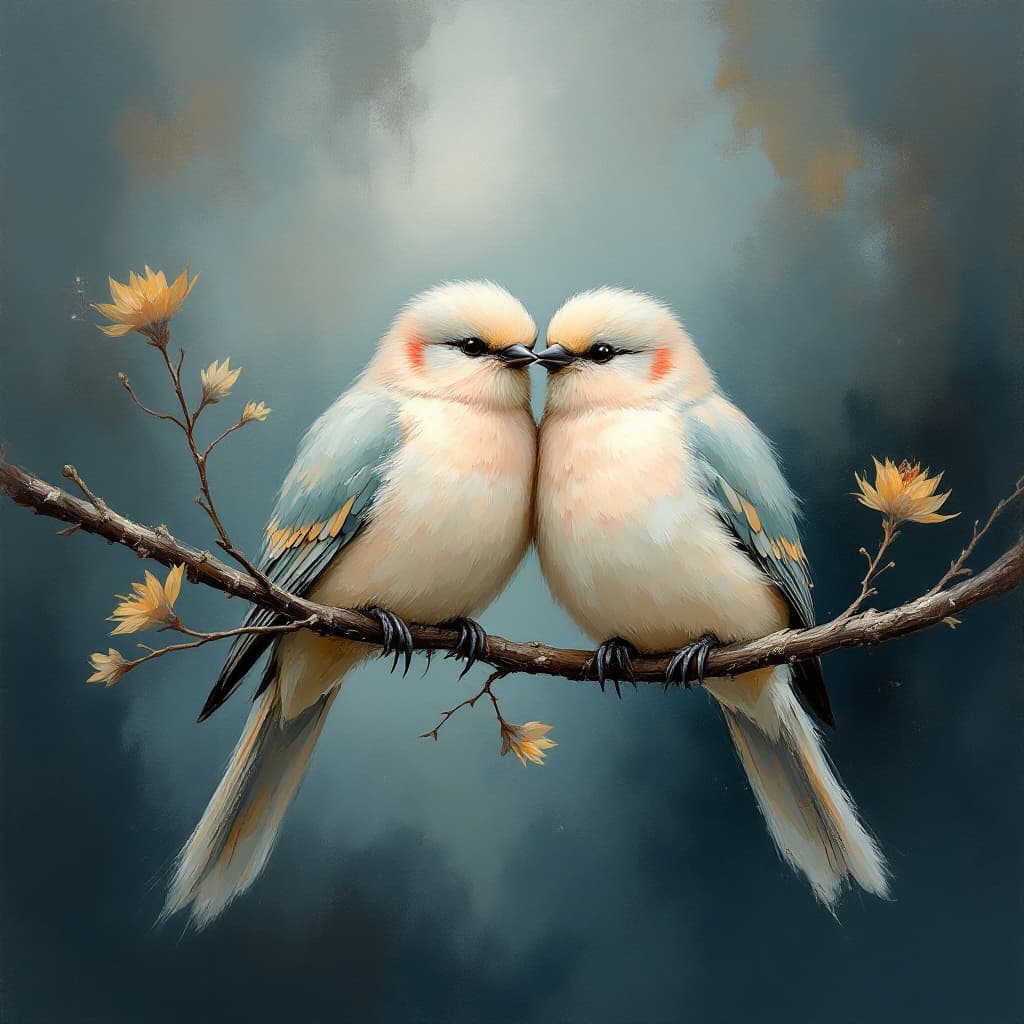 AI generated: Two elegant birds perched closely on a branch, affectionately nestled together, in a romantic, impre...