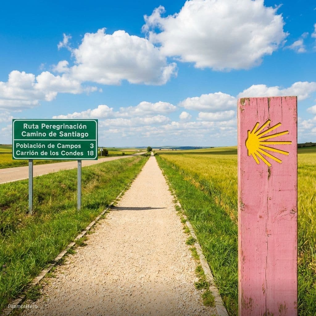 AI generated: Core theme: Two signposts as a portal — the Camino Francés in its most iconic representation and the...