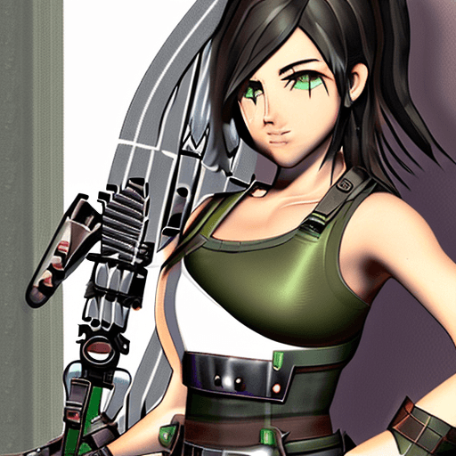 AI generated: game 2d art, image of Lara Croft as a apocalyptic soldier with heavy armor, green eyes, black tank t...