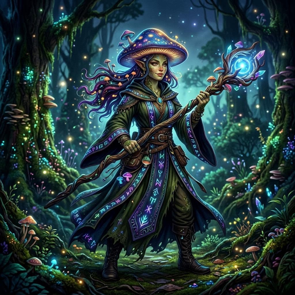 AI generated: A female psilocybin mushroom person witch with beautiful face and features, holding a two handed sta...