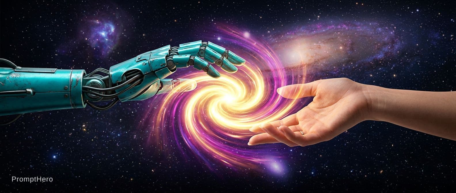 AI generated: 2 Hands. Hand 1: Robot hand, colour turquois metal, relaxed open, straight wrist, palm downward. Han...