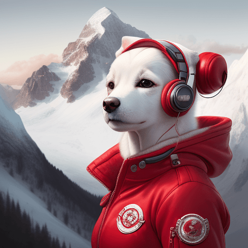 AI generated: woman in a red jacket with headphones, snowy, in the style of hyper-realistic portraiture, caninecor...
