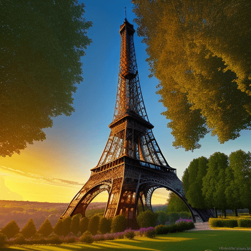 AI generated: The Eiffel tour in the middle of the Château d'Epoisses in Burgundy with big trees, countryside, flo...