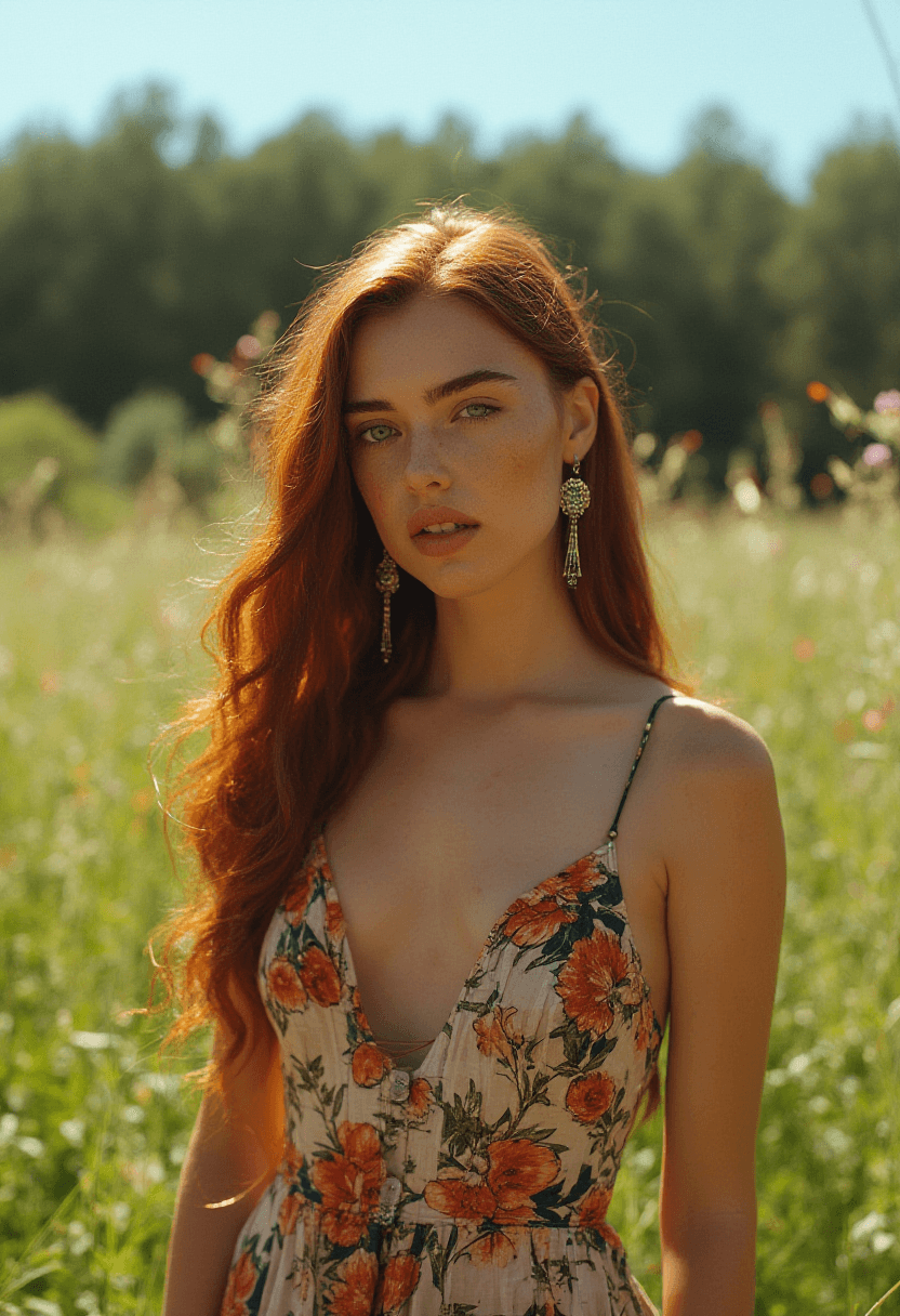 AI generated: A photorealistic, full-body portrait of an adult woman with long, wavy auburn hair, captured with a ...