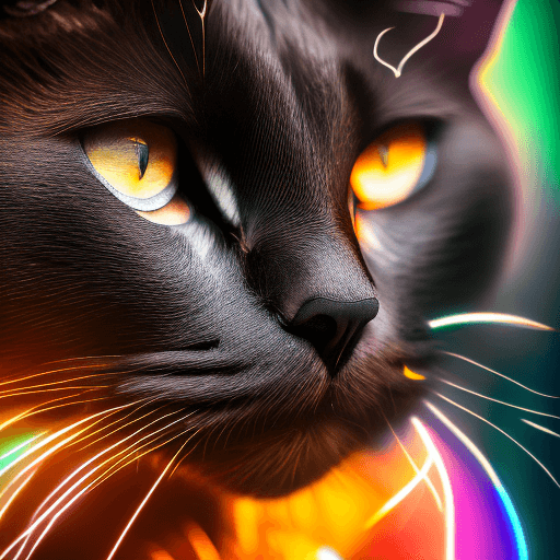 AI generated:  Portrait photo of black cat with fill of lightening colors, fierce eyes, light bokeh, intricate, (s...