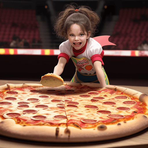 AI generated: we are having fun watching an exciting pizza tot battle in the arena
