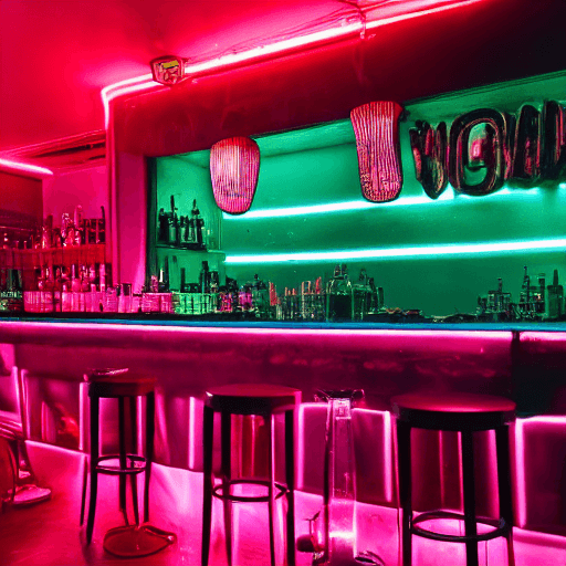 AI generated: A night bar inside, neon lights, cozy atmosphere, bar counter, very realistic, golden hour, pink neo...
