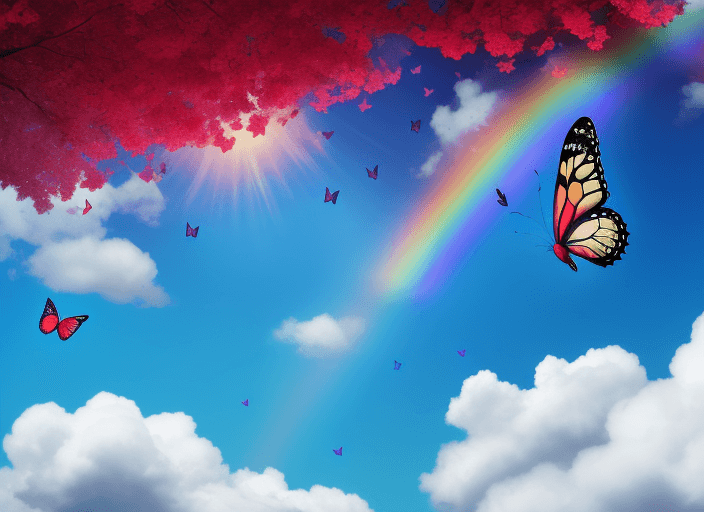 AI generated: Butterflies, flying. rainbow. Various flowers bloom. Red forest. Sunlight. blue sky and white clouds