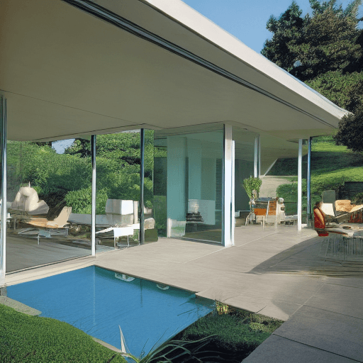 AI generated: Hyper realistic eye level exterior photo of a mid century modern style house overlooking the ocean, ...