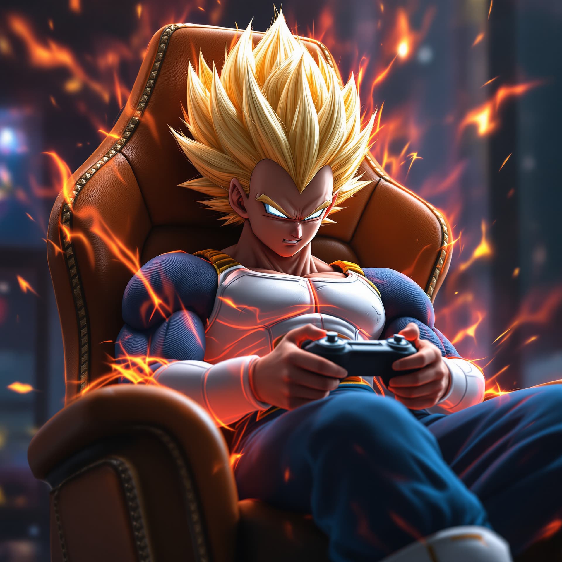 AI generated: super saiyan vegeta with the saiyan level 4 hair is fully powered up in a leather floating gaming ch...