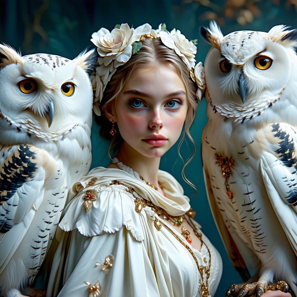 AI generated: images of woman with her owls, in the style of ethereal beauty, porcelain, dark white and light azur...