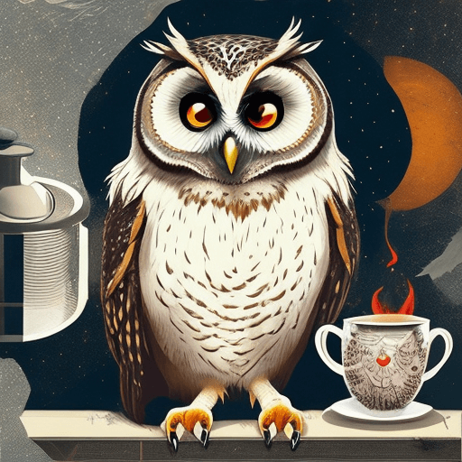 AI generated: ***the illustration shows an owl(heterochromia) drinking tea , in the style of joram roukes, mark he...