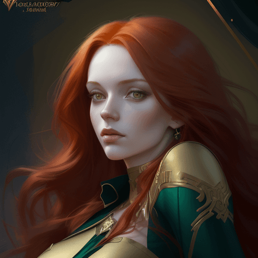 AI generated: a woman with long red hair in a gold painting, in the style of charlie bowater, dark blue and dark y...