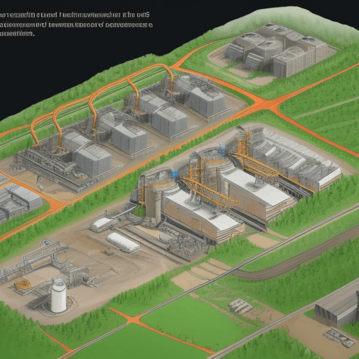 AI generated: Drawing of the mining value chain showing a mine connected to a processing plant and then to a facto...